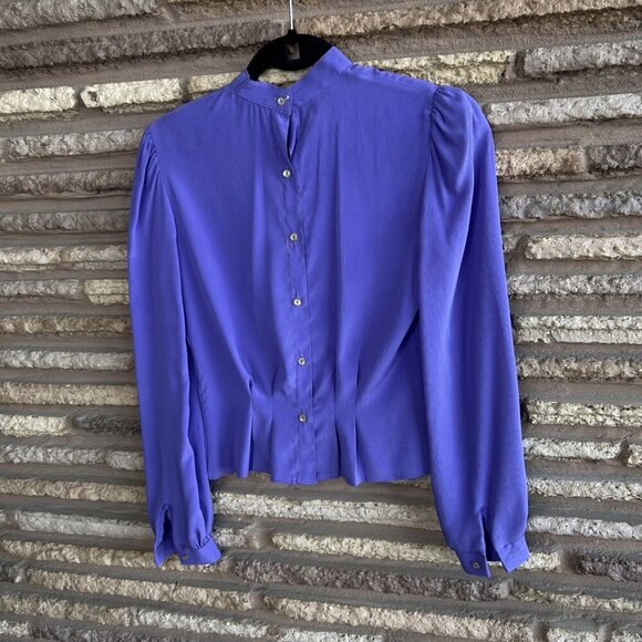 Vintage 80s Purple High Neck Ruffle Modest Secretary Blouse Size 5 Puffy Sleeves - Picture 5 of 9